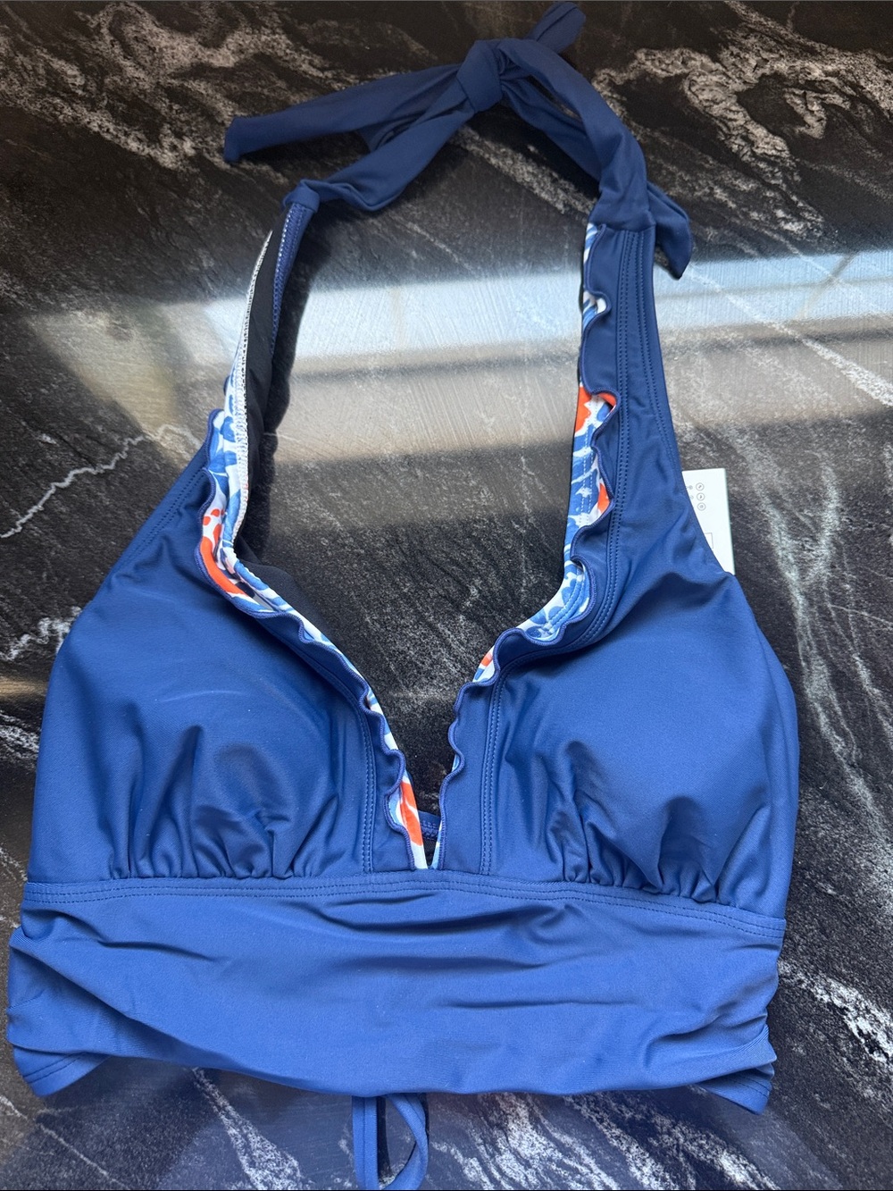 Cupshe Blue Halter Bikini Top with Orange & White Trim